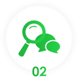 虫眼鏡と吹き出しアイコンによる市場調査とヒアリングのイメージ